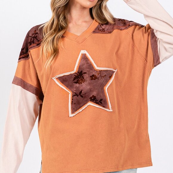 Star Patch Long Sleeve Color Block T-Shirt - Picture 5 of 7